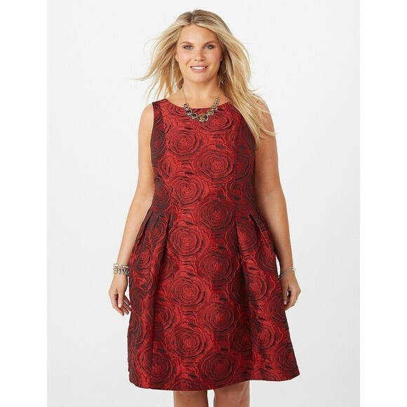 Red Womens 24W Midi Dress Rose Embossed Cocktail Holidays Luxe Carmen Marc Valvo - Picture 1 of 11